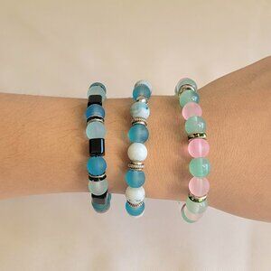 Mix of Pink, Green, and Turquoise 3 Beaded Bracelet Set Vintage Style, Size S